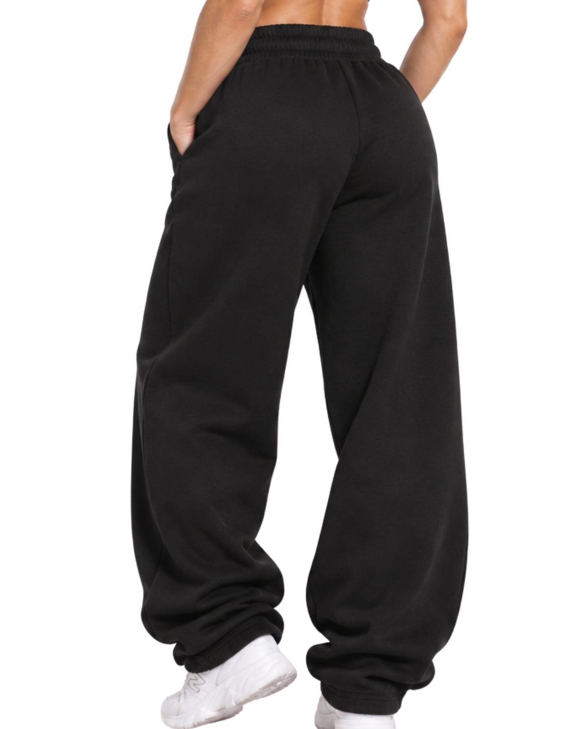 BlackSweatpantsFemaleLeanBackCloseUp