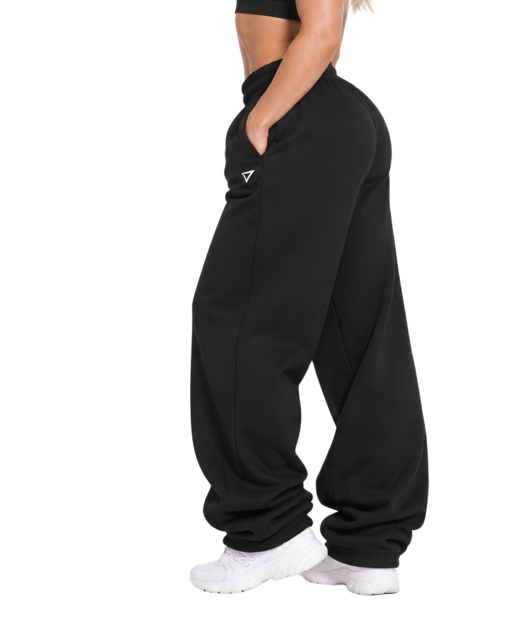 BlackSweatpantsFemaleLeanSideCloseUp