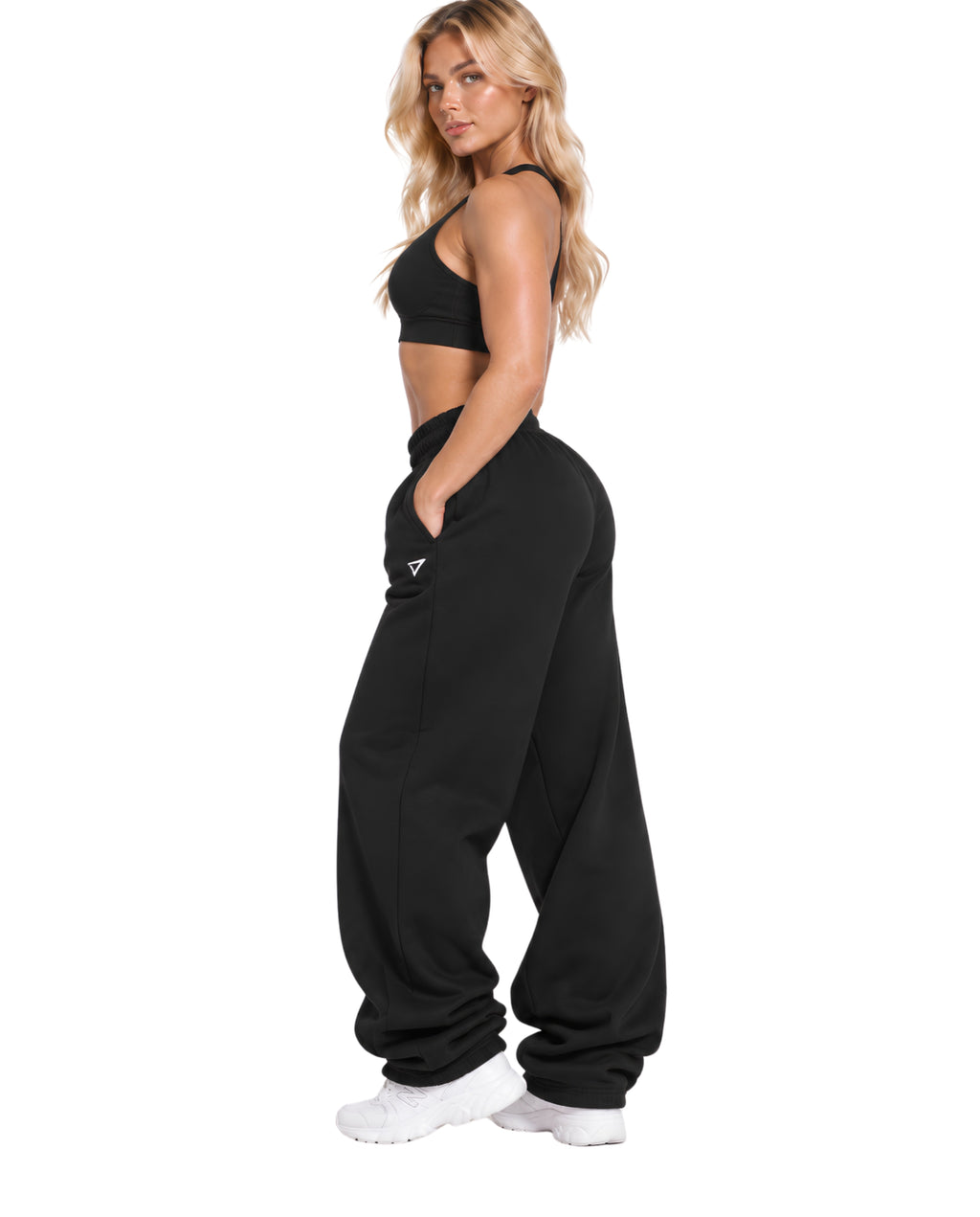 BlackSweatpantsFemaleLeanSideFullBody
