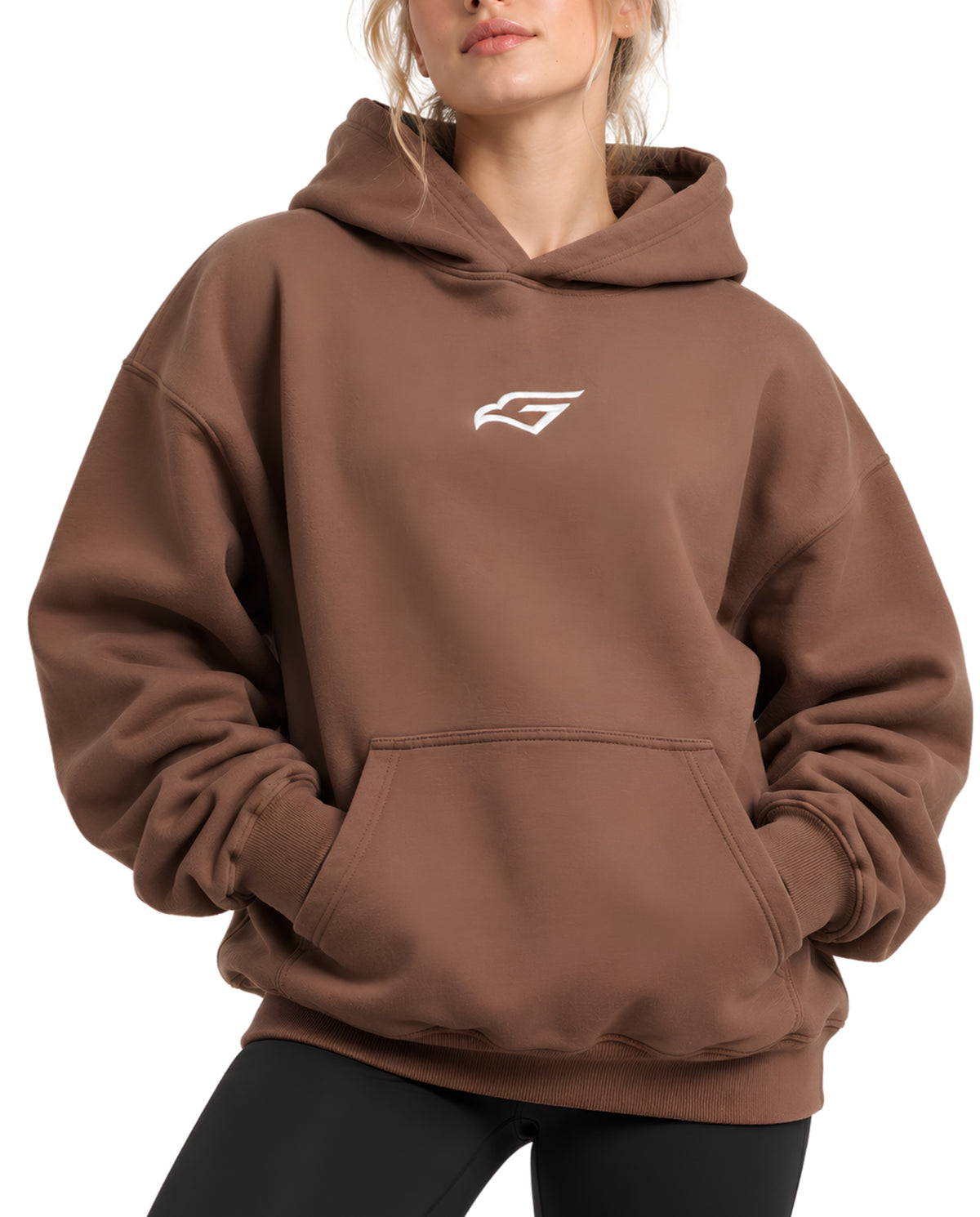 BrownGymverseHoodieFemaleFrontCloseUp