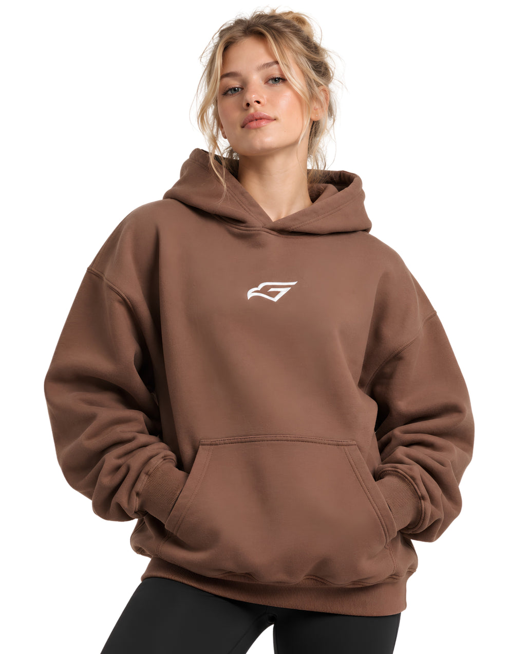 BrownGymverseHoodieFemaleFrontFullBody
