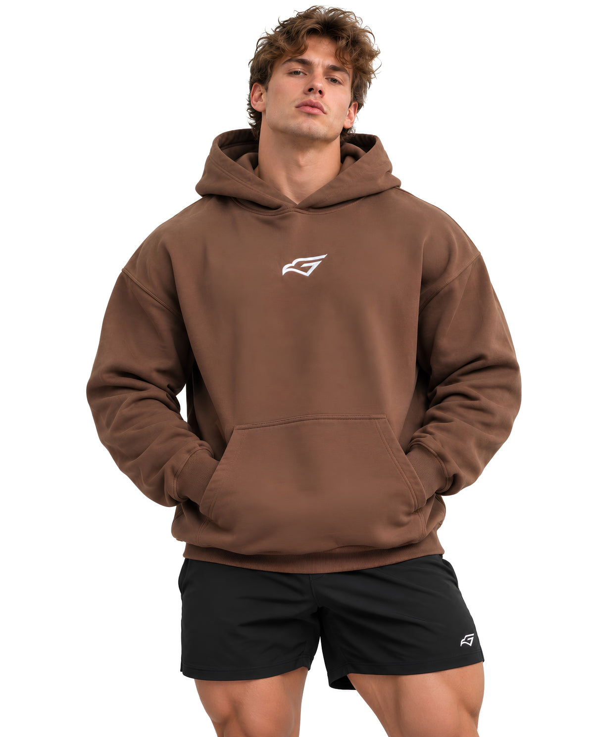 BrownGymverseHoodieMaleFrontFullBody