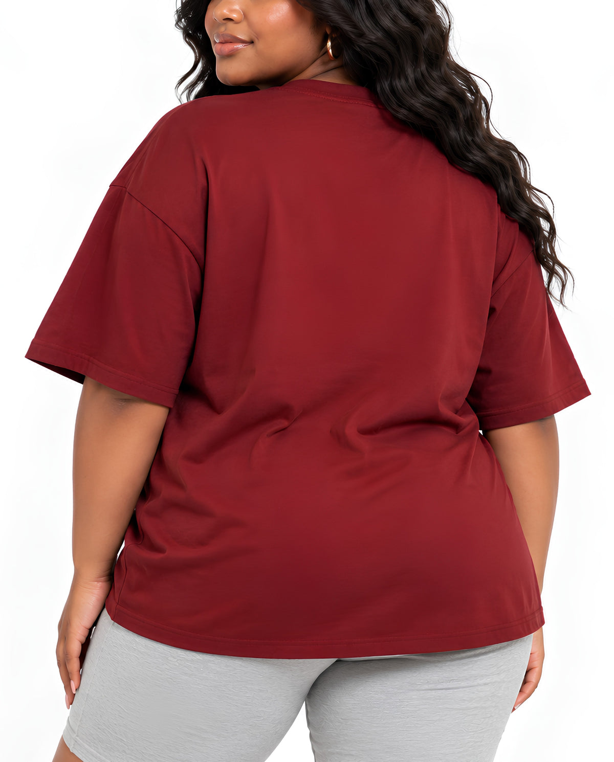 BurgundyRiskOversizedTeeFemaleBackCloseUpCurvy