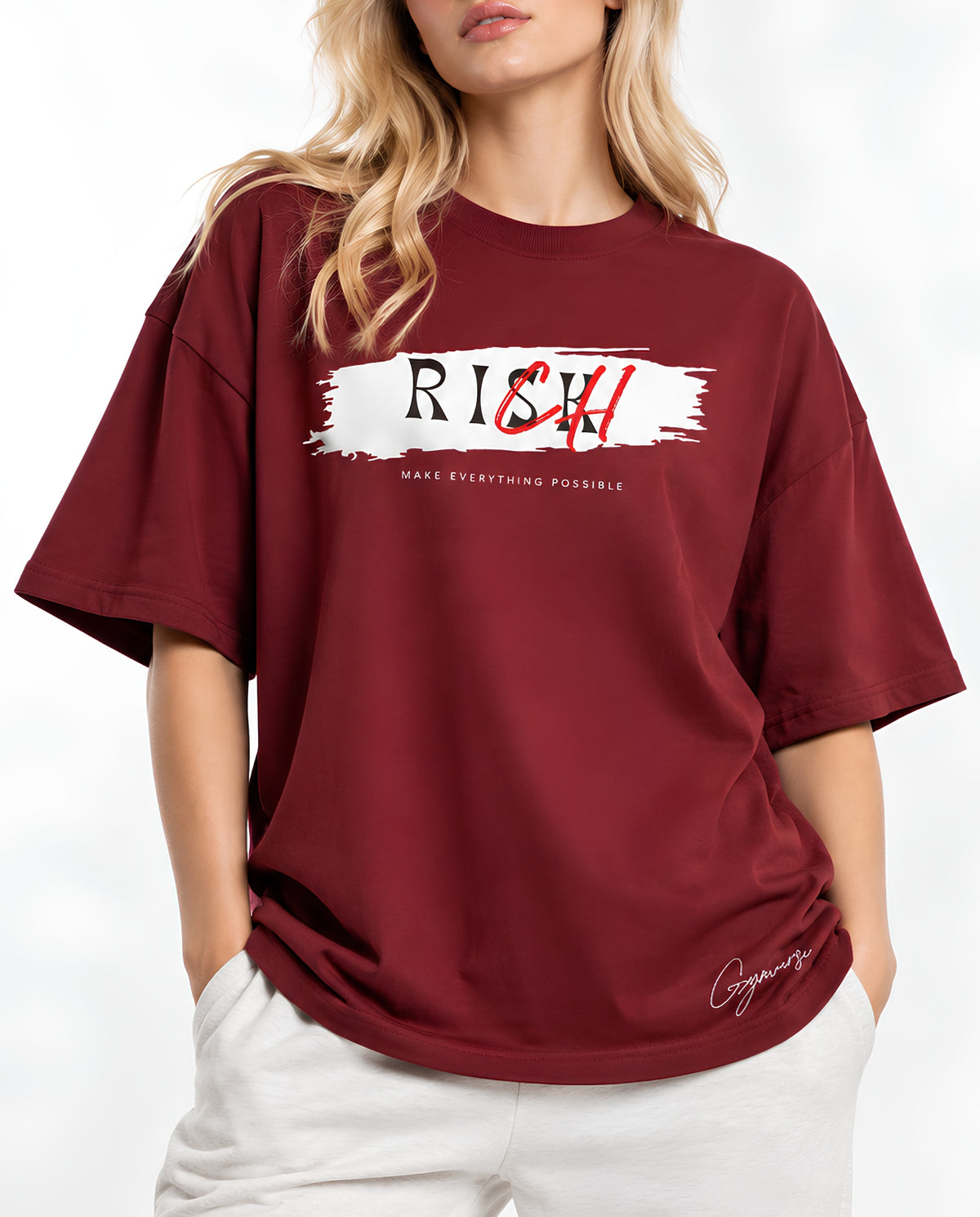 BurgundyRiskOversizedTeeFemaleFrontCloseUp