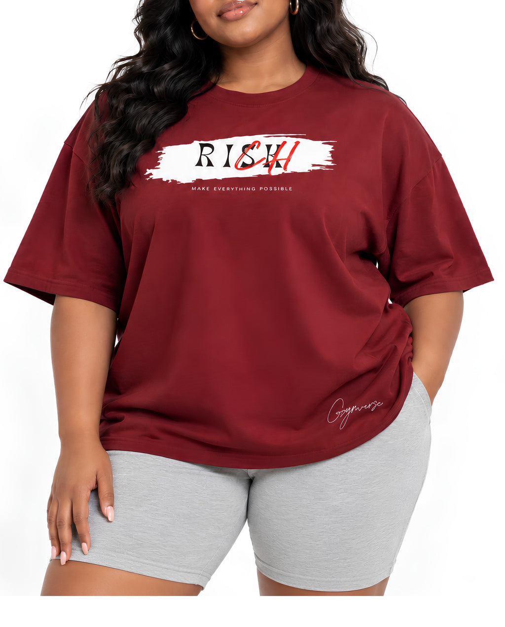 BurgundyRiskOversizedTeeFemaleFrontCloseUpCurvy