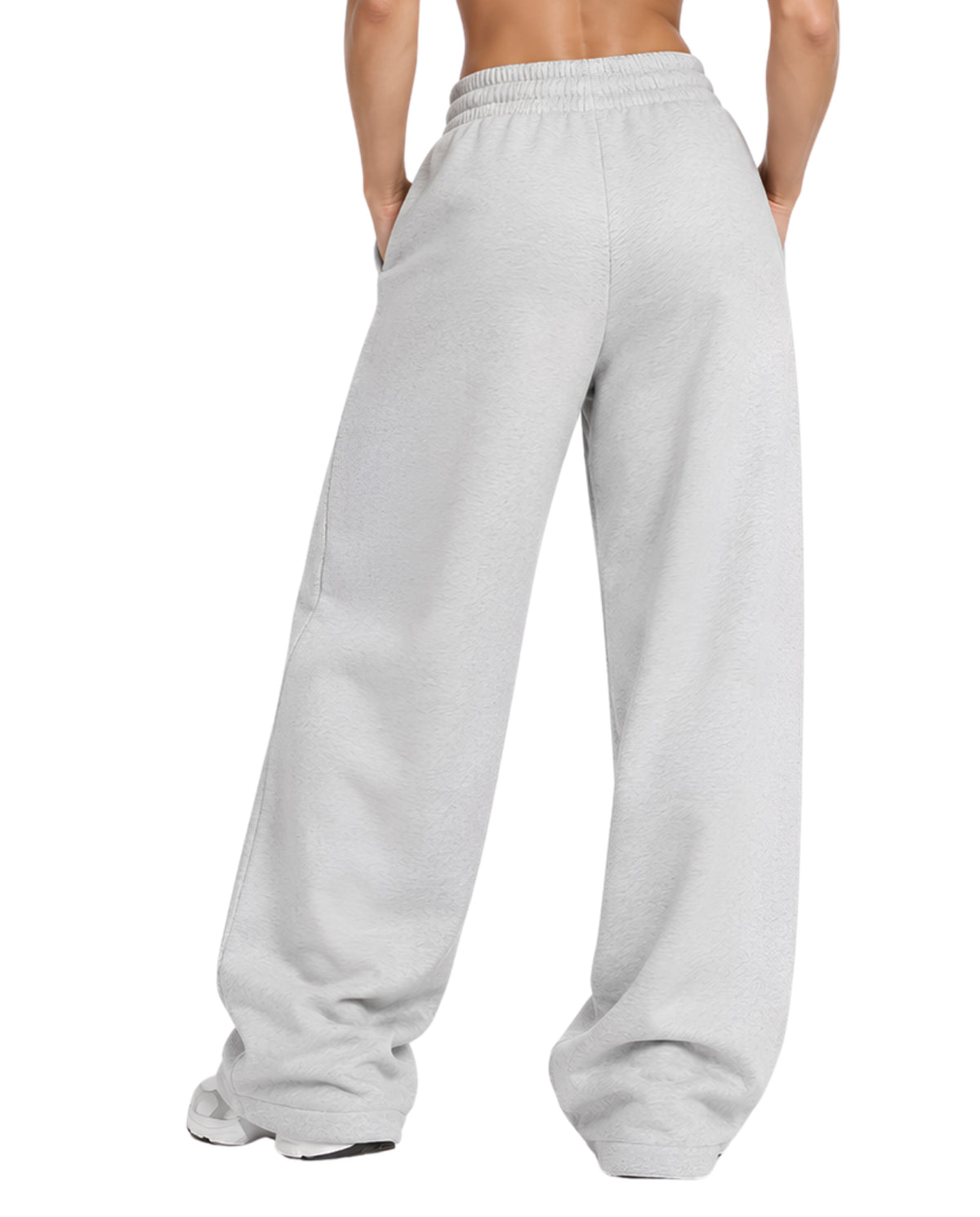 GraySweatpantsFemaleLeanBackCloseUp