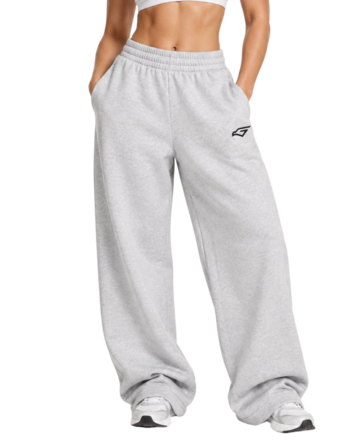 GraySweatpantsFemaleLeanFrontCloseUp