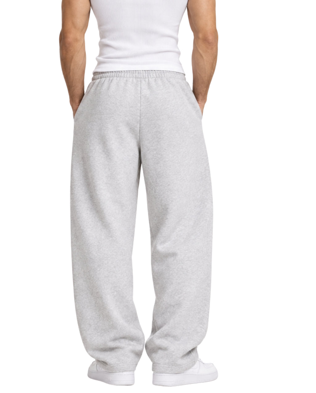 GraySweatpantsMaleLeanBackCloseUp