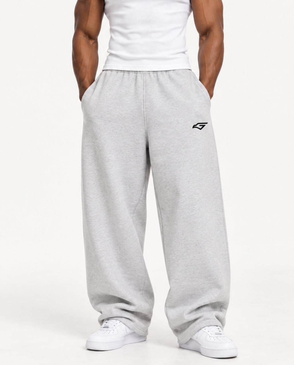GraySweatpantsMaleMuscularFrontCloseUp