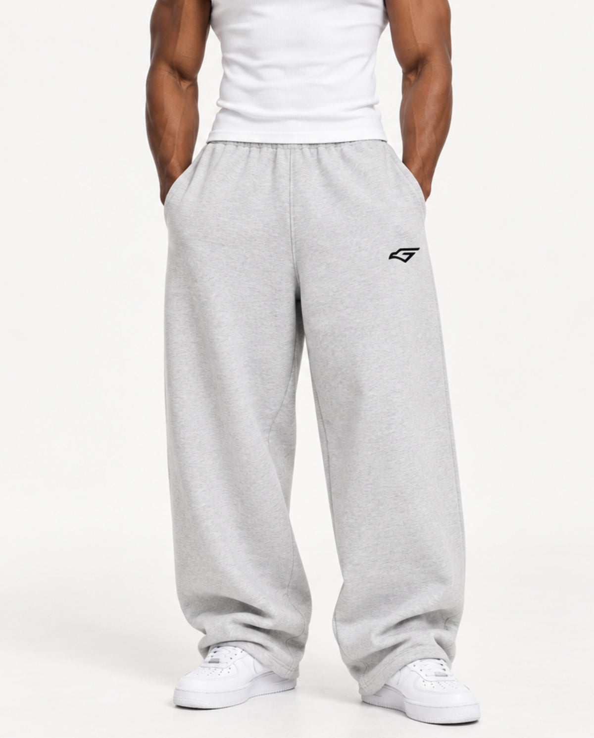 GraySweatpantsMaleMuscularFrontCloseUp