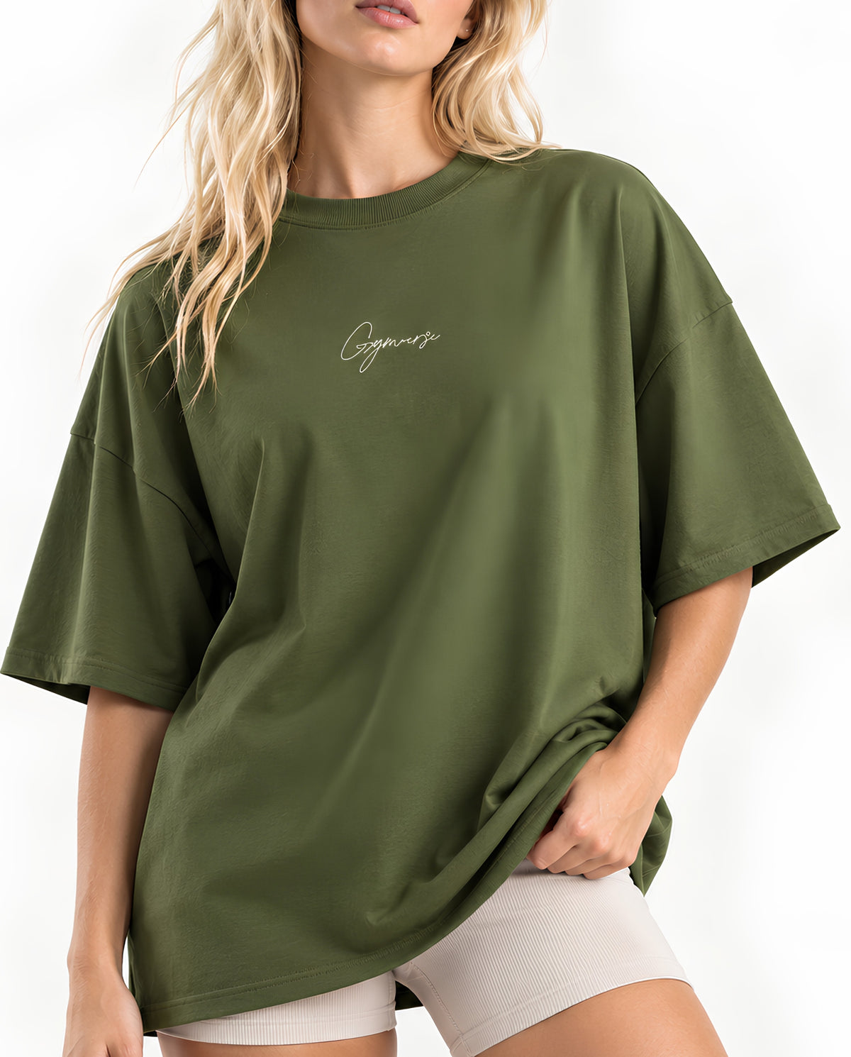 OliveGreenPerspectiveOversizedTeeFemaleFrontClose
