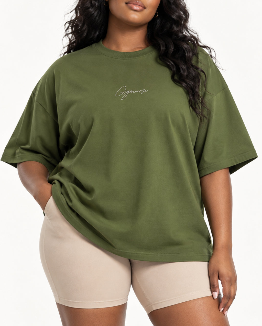 OliveGreenPerspectiveOversizedTeeFemaleFrontCloseCurvy