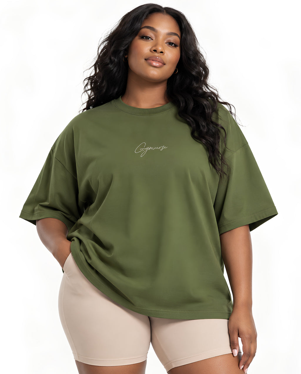 OliveGreenPerspectiveOversizedTeeFemaleFrontFullCurvy