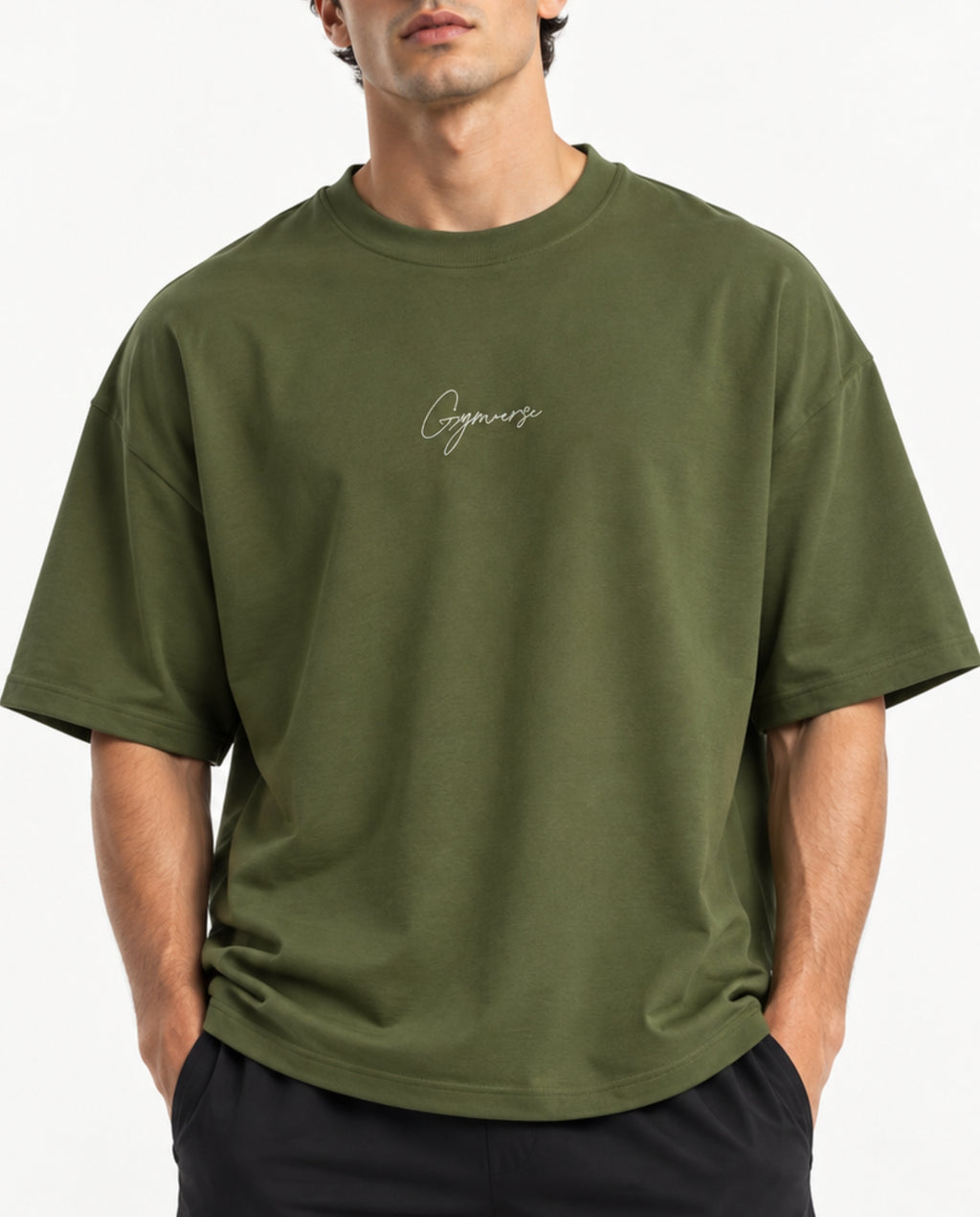 OliveGreenPerspectiveOversizedTeeMaleFrontClose