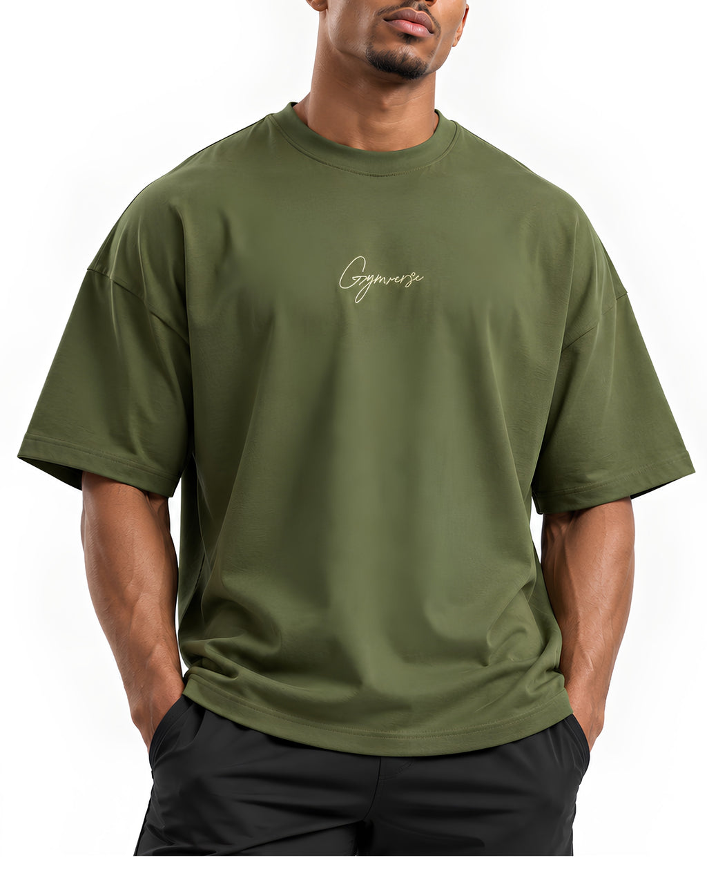 OliveGreenPerspectiveOversizedTeeMaleFrontCloseMuscular