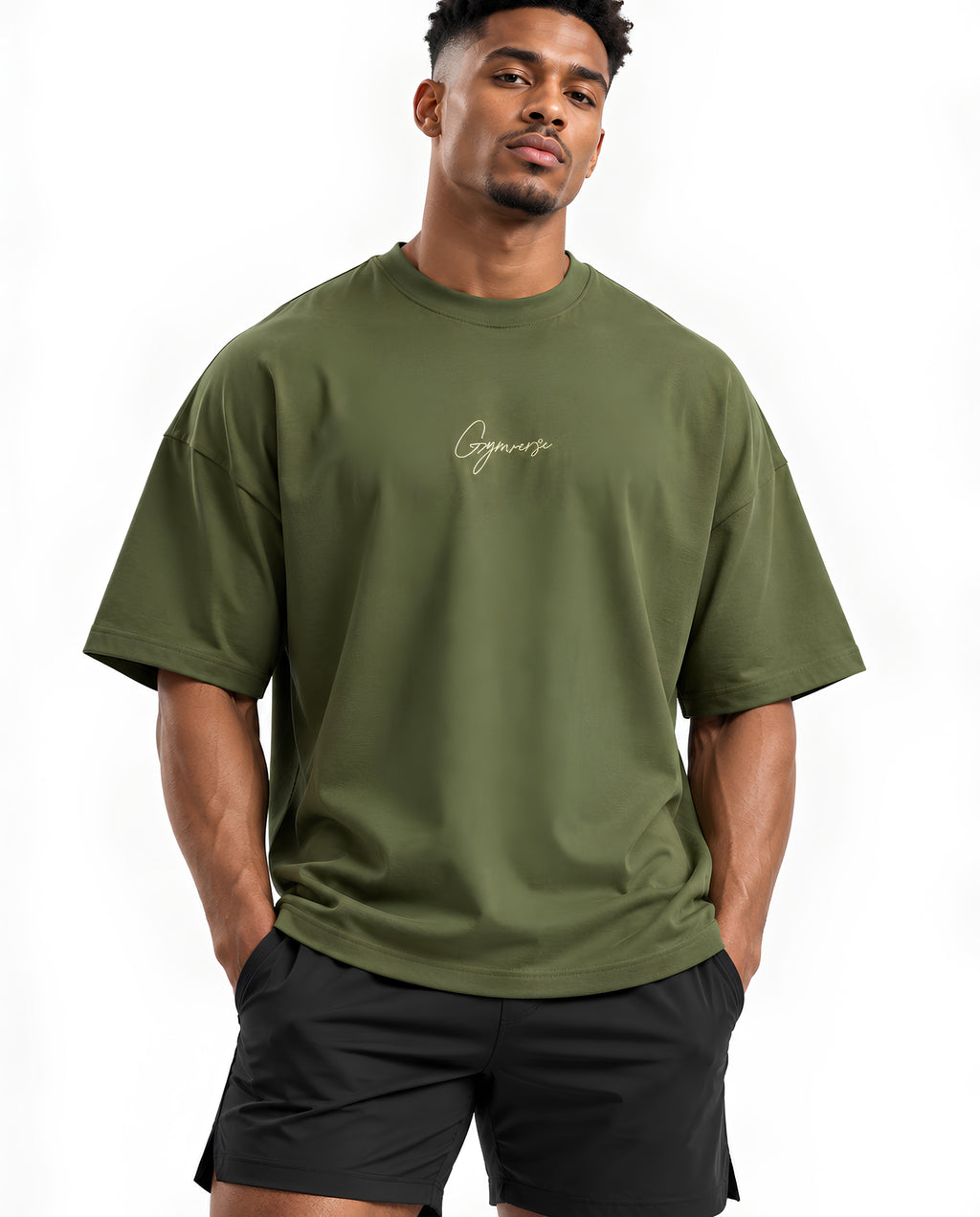 OliveGreenPerspectiveOversizedTeeMaleFrontFullMuscular