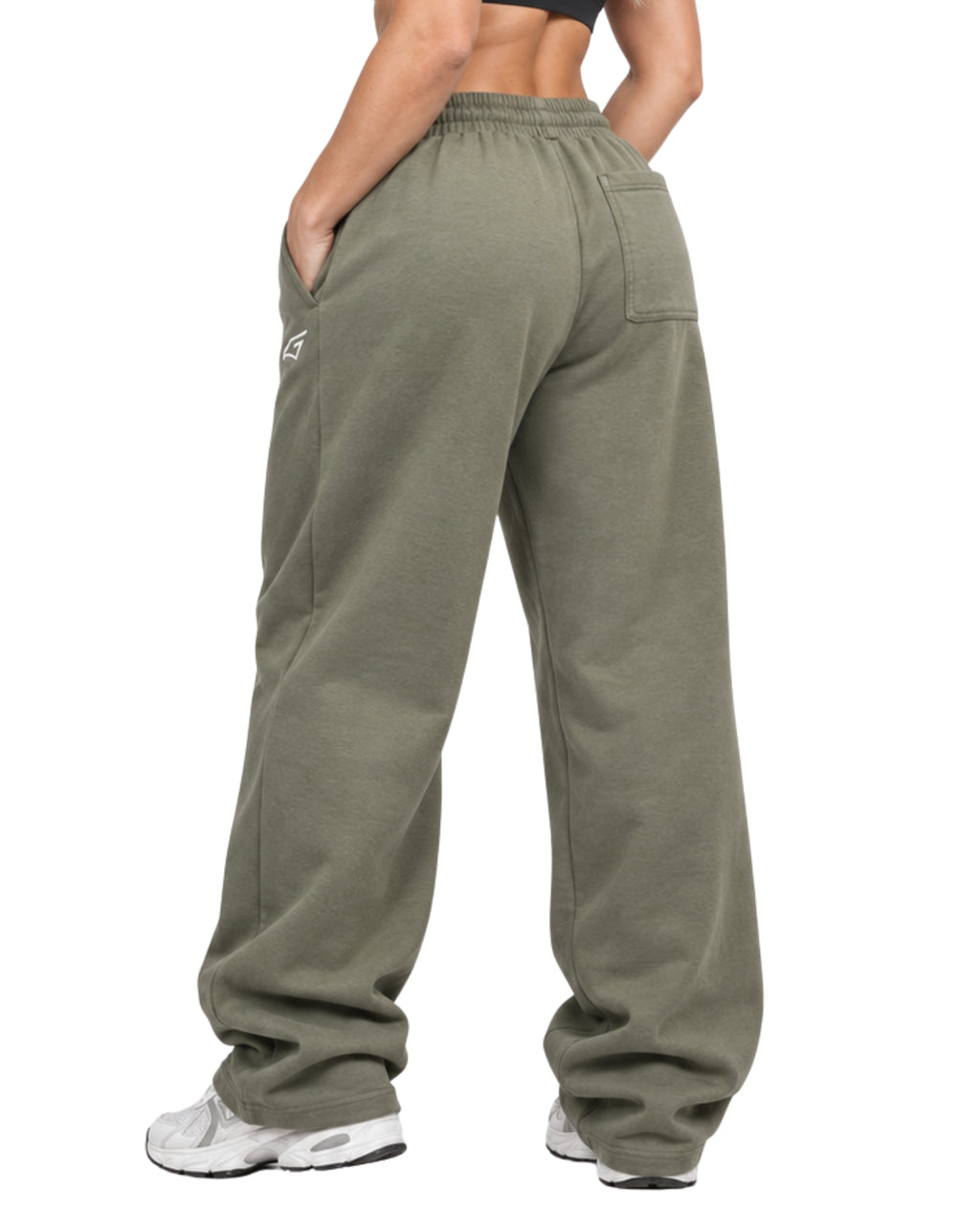 OliveSweatpantsFemaleLeanBackCloseUp