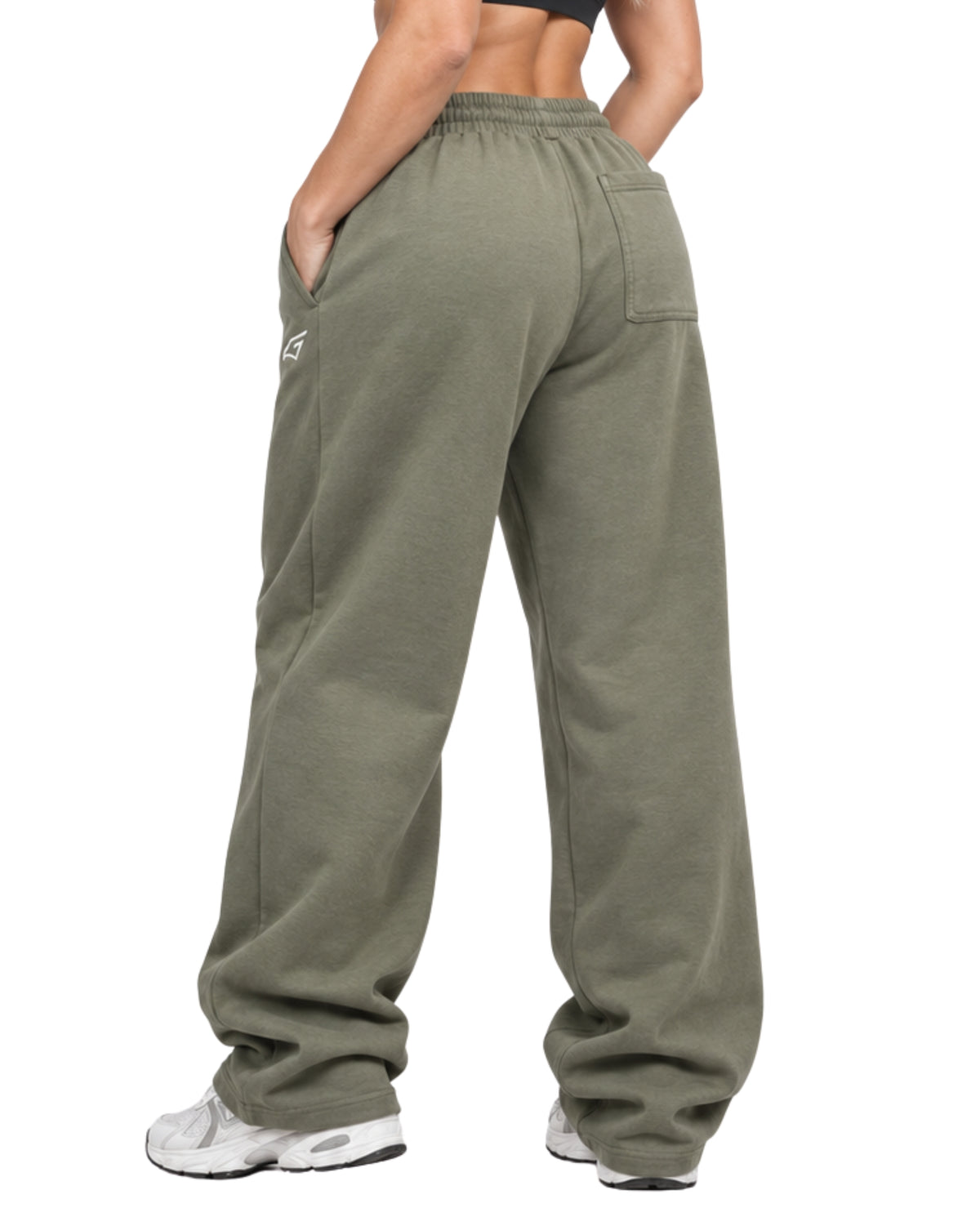 OliveSweatpantsFemaleLeanBackCloseUp
