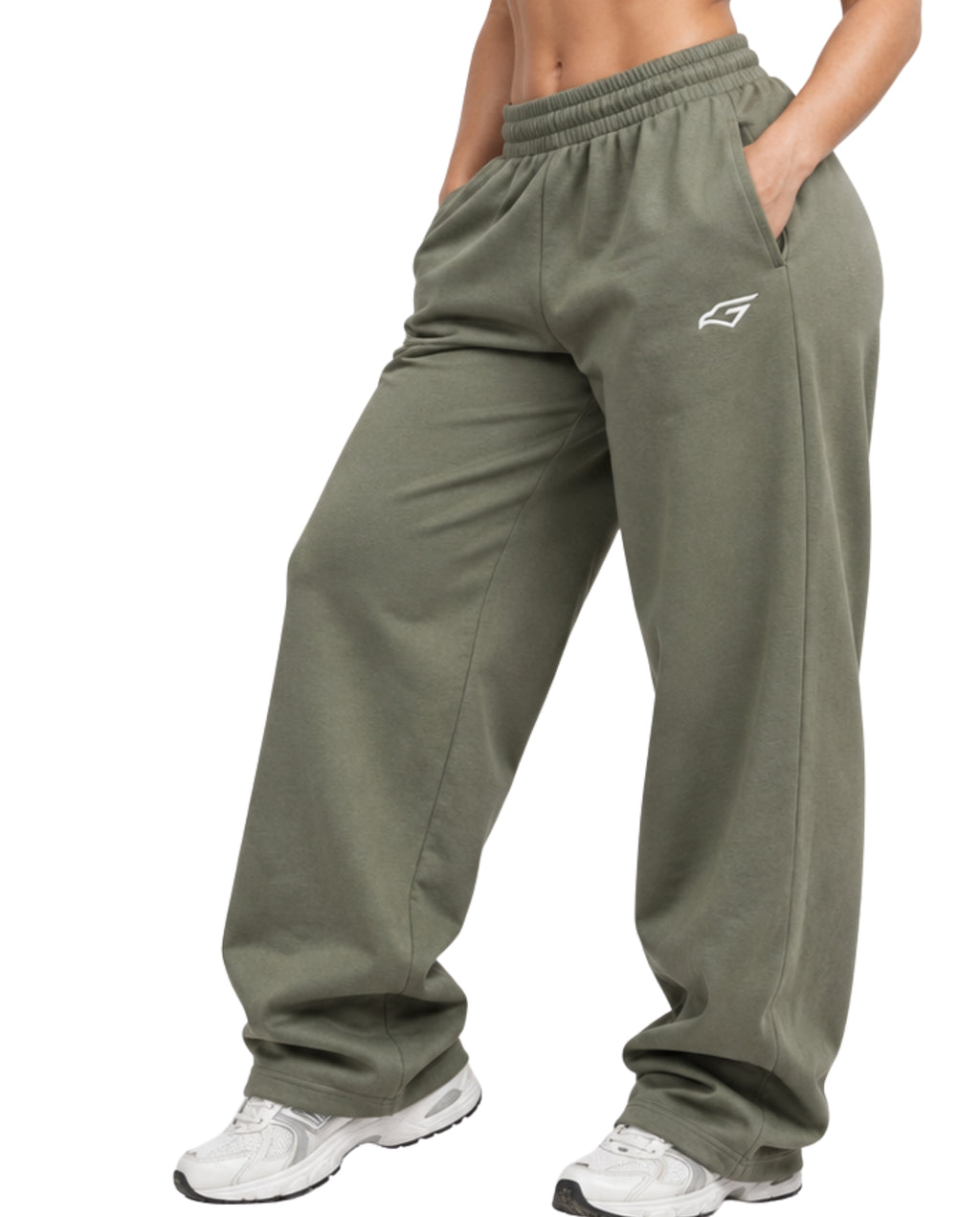 OliveSweatpantsFemaleLeanFrontCloseUp