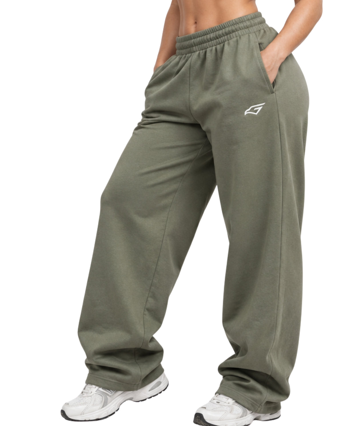 OliveSweatpantsFemaleLeanFrontCloseUp