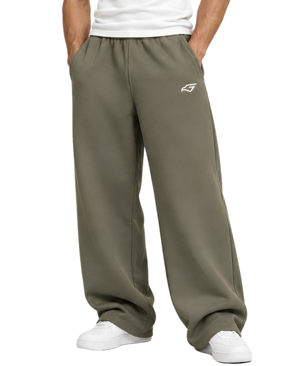OliveSweatpantsMaleLeanFrontCloseUp