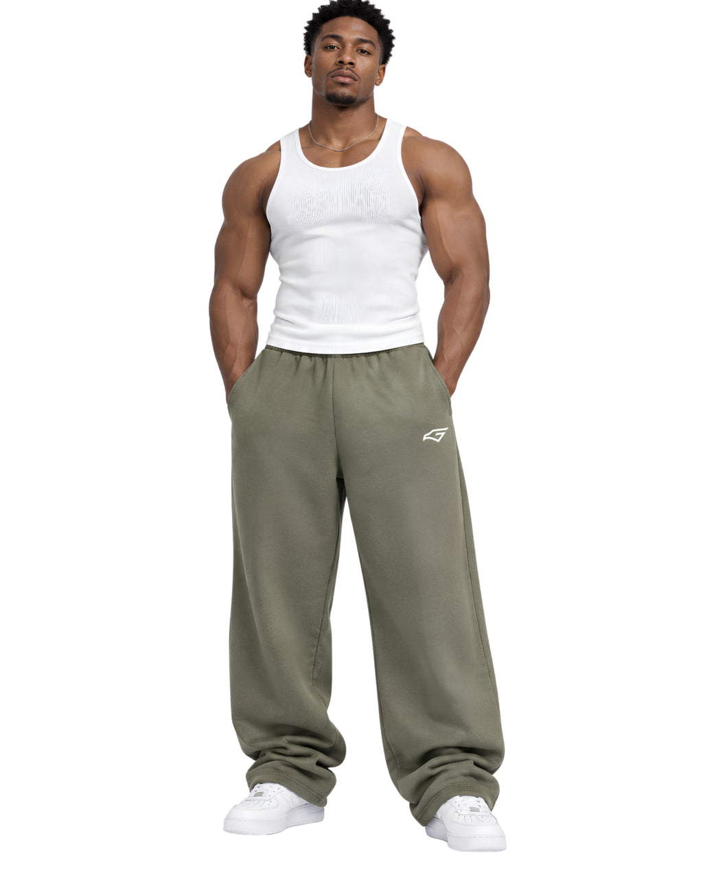 OliveSweatpantsMaleMuscularFrontFullBody