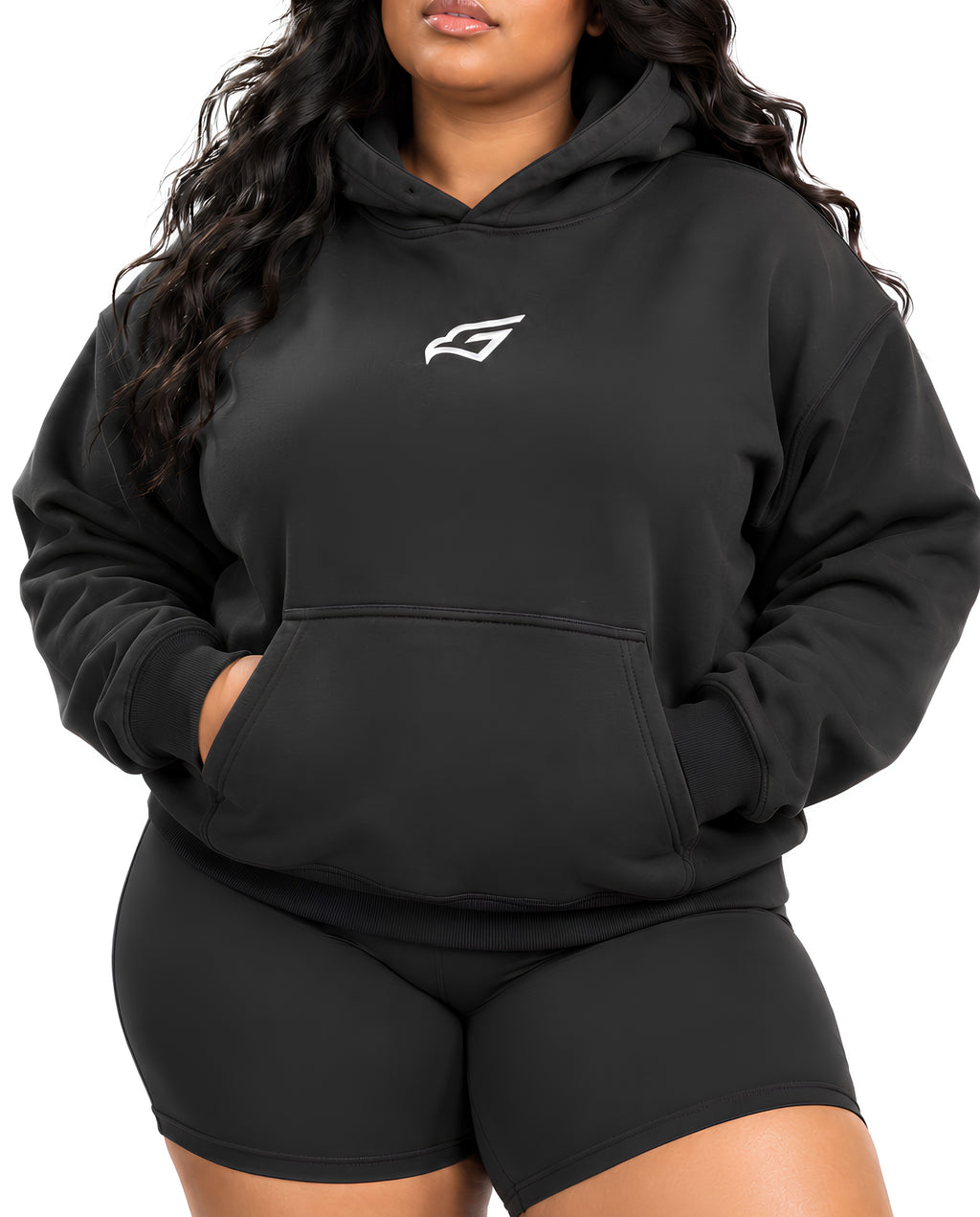 VintageBlackUltraHeavyHoodieFemaleCurvyFrontCloseUp