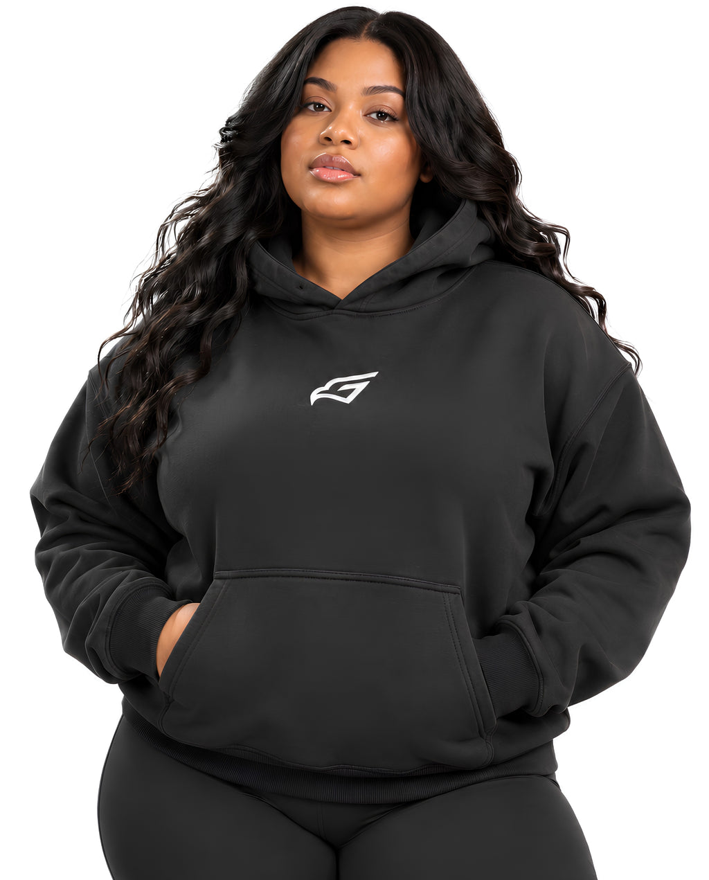 VintageBlackUltraHeavyHoodieFemaleCurvyFrontFullBody