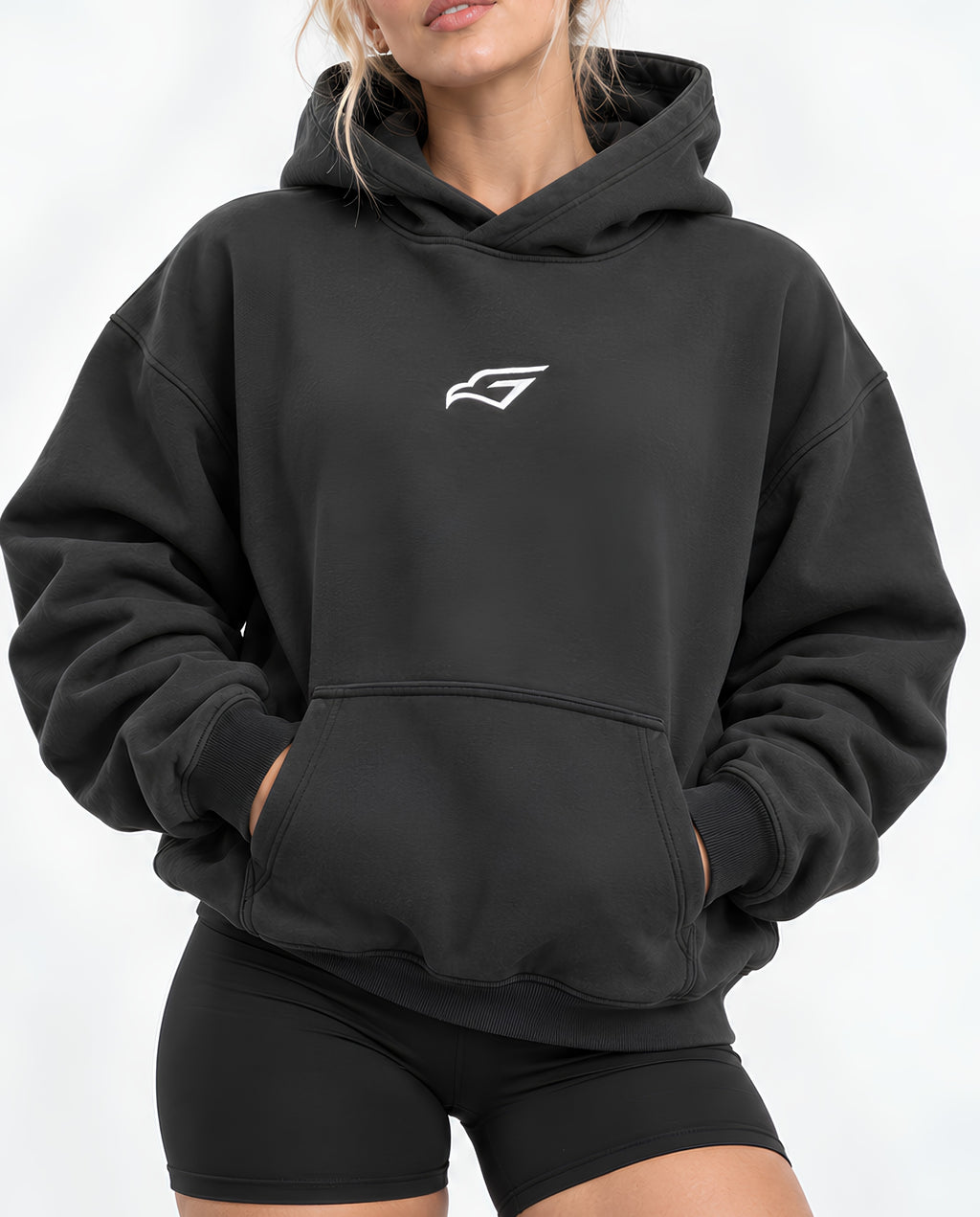 VintageBlackUltraHeavyHoodieFemaleFrontCloseUp