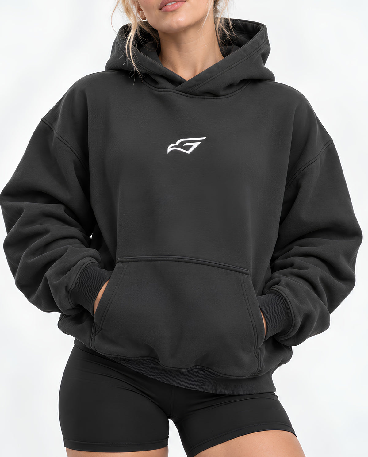 VintageBlackUltraHeavyHoodieFemaleFrontCloseUp