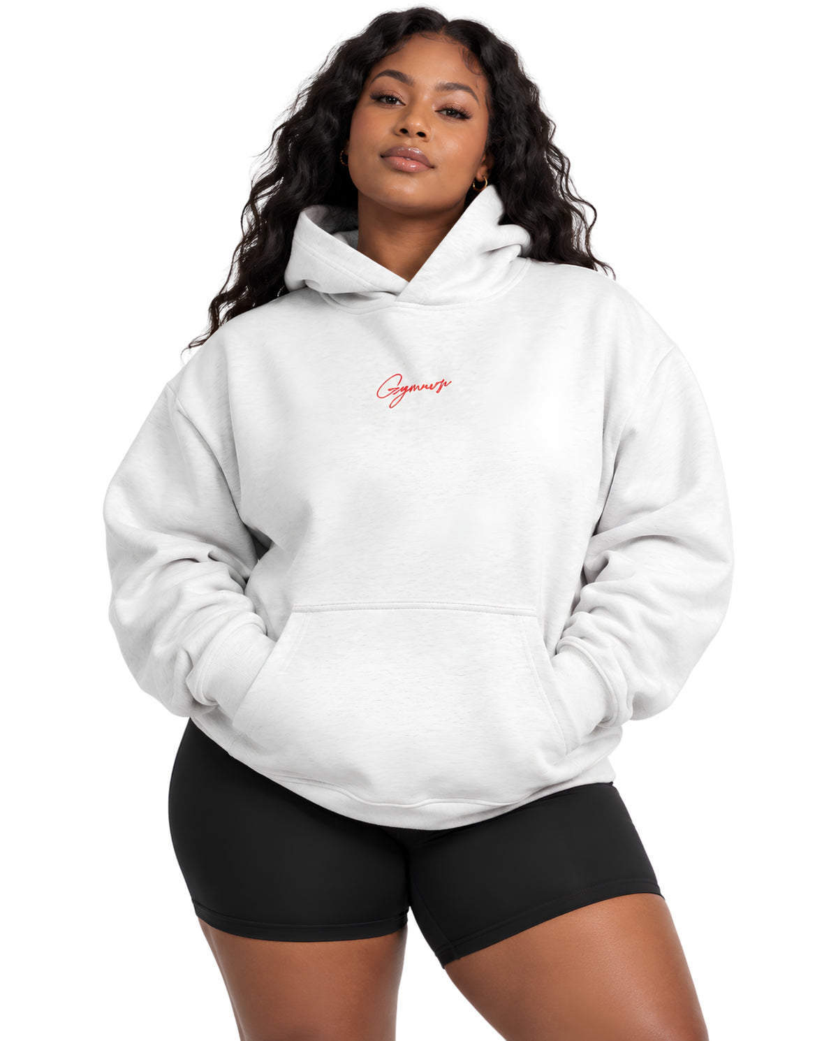 WhiteGymverseHoodieFemaleCurvyFrontFullBody
