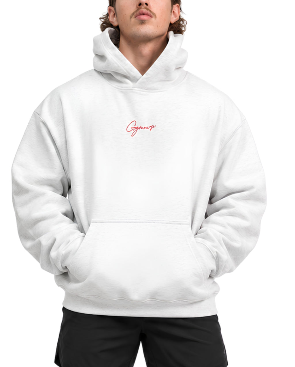 WhiteGymverseHoodieMaleFrontCloseUp