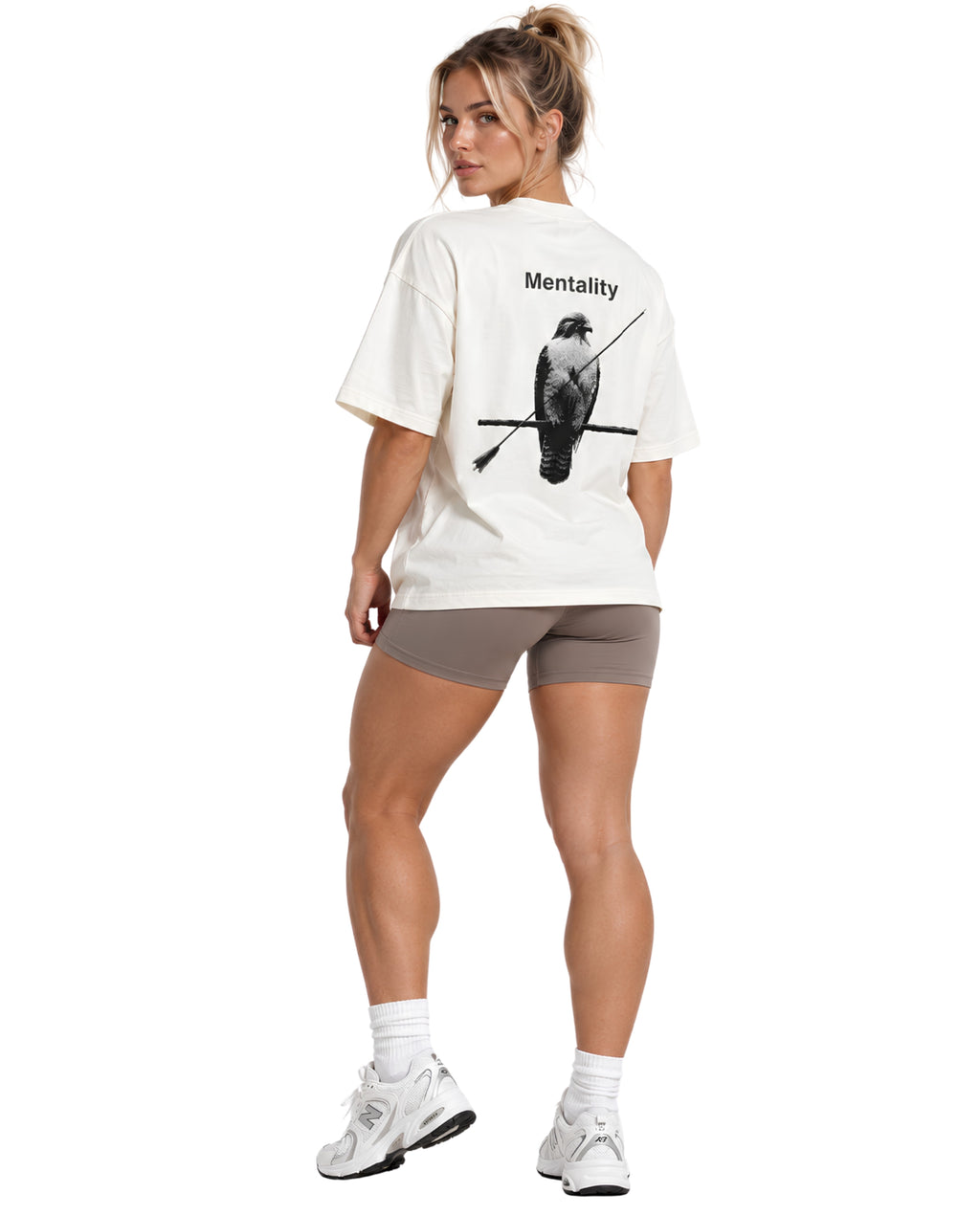 WhiteMentalityTeeFemaleModel1BackFullBody