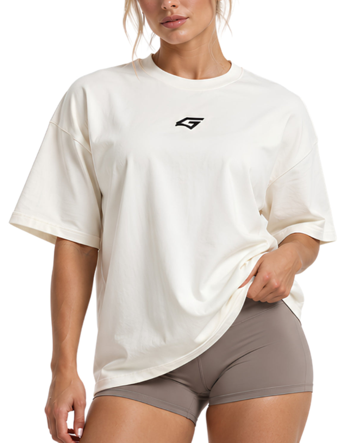 WhiteMentalityTeeFemaleModel1FrontCloseUp