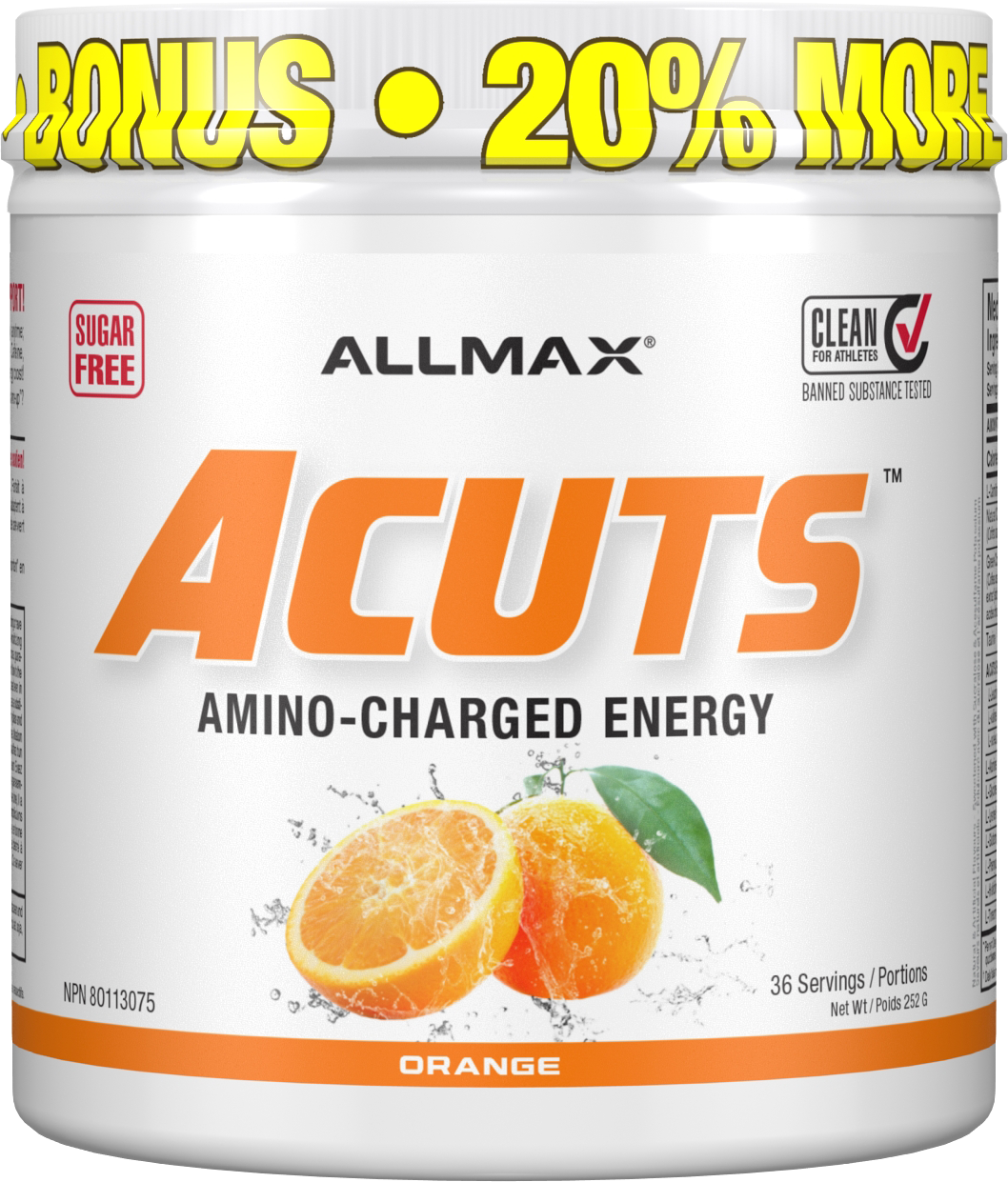 Allmax Acuts amino-charged energy supplement container with orange flavor indication